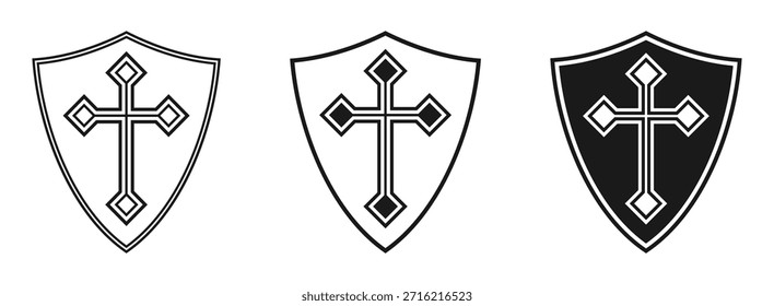 Escudo con conjunto de iconos cruzados. Escudo de armas símbolo del cristianismo. Signo del logotipo de la cruzada de Heraldry. Imagen de Ilustración vectorial.
