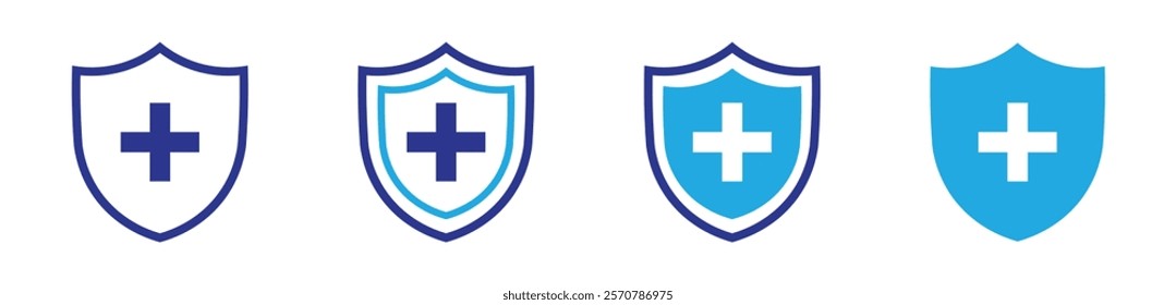 shield with cross icon set. health protection shield icon set. protection shield for app, ui and website. medical protection shield. vector illustration on transparent background