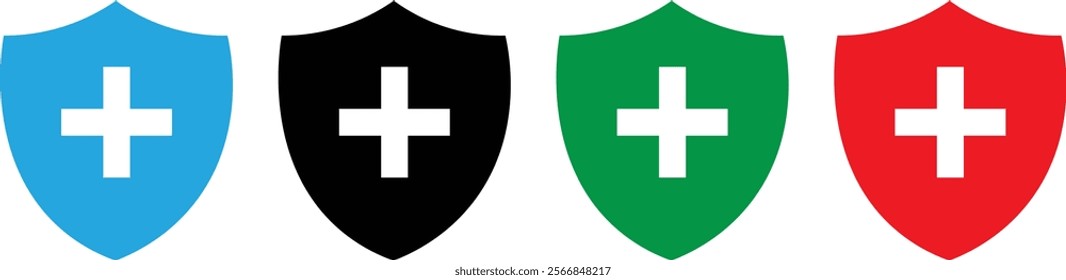 Shield with cross icon set. safety health shield vector illustration.