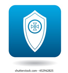 Shield with a cross icon in simple style in blue square. Weapon for combat symbol