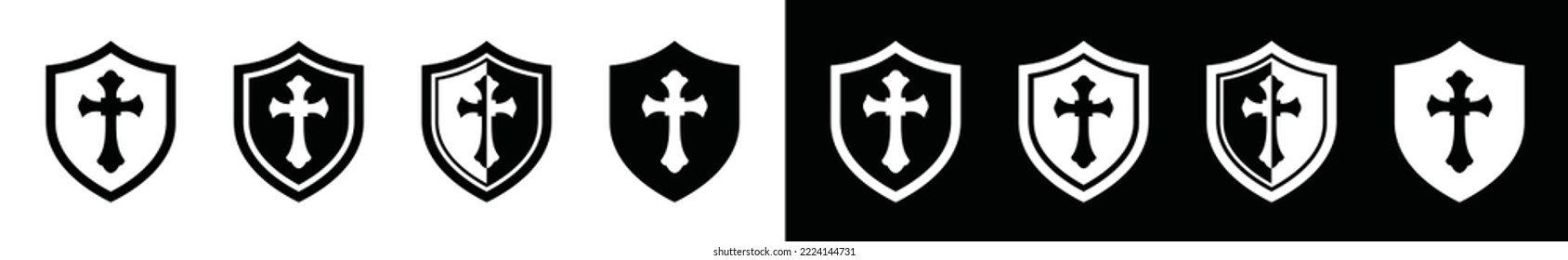 Shield cross icon vector set. King's protection sign. Shield protector, secure, protect, scutum, safeguard sign, vector illustration