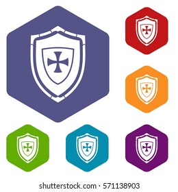 Shield with cross icons set rhombus in different colors isolated on white background