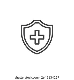 Shield with cross line icon. Outline vector icon representing health protection, medical security, or emergency coverage. Symbol icon in clean linear style. Icon of healthcare safety.