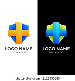 shield cross logo design, shield and cross, combination logo with 3d colorful style