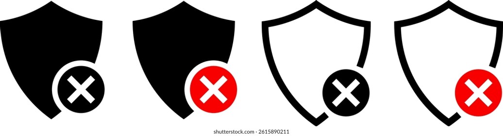 Shield cross mark icon set. cyber protection and privacy. digital protection lock icons. encrypted padlock sign
