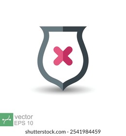 Escudo com ícone de marca de cruz. Estilo plano simples. Declínio, marca de seleção falsa, proteção contra perigo, alerta vermelho, conceito não seguro. Símbolo de ilustração vetorial isolado no plano de fundo branco. EPS 10.