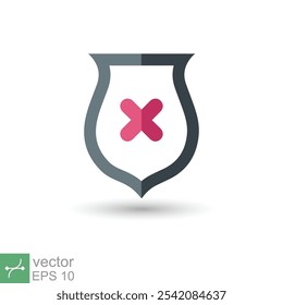 Escudo com ícone de marca de cruz. Estilo plano simples. Declínio, marca de seleção falsa, proteção contra perigo, alerta vermelho, conceito não seguro. Símbolo de ilustração vetorial isolado no plano de fundo branco. EPS 10.