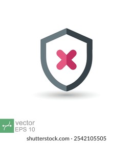 Escudo com ícone de marca de cruz. Estilo plano simples. Declínio, marca de seleção falsa, proteção contra perigo, alerta vermelho, conceito não seguro. Símbolo de ilustração vetorial isolado no plano de fundo branco. EPS 10.