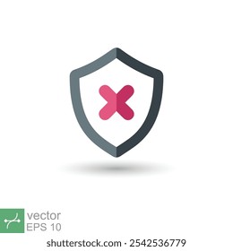Escudo com ícone de marca de cruz. Estilo plano simples. Declínio, marca de seleção falsa, proteção contra perigo, alerta vermelho, conceito não seguro. Símbolo de ilustração vetorial isolado no plano de fundo branco. EPS 10.