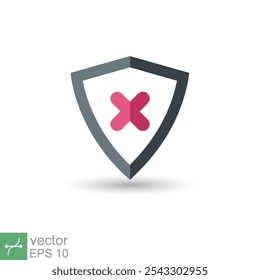Shield with cross mark icon. Simple flat style. Decline, check mark false, danger protection, red alert, unsafe concept. Vector illustration symbol isolated on white background. EPS 10.
