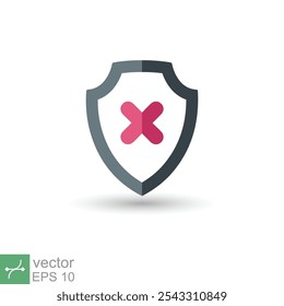 Escudo con icono de marca cruzada. Estilo plano simple. Declive, marca de verificación falsa, protección contra peligros, alerta roja, concepto inseguro. Símbolo de la Ilustración vectorial aislado en el fondo blanco. EPS 10.