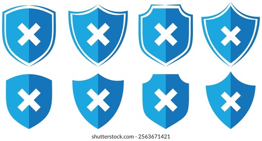 Shield with cross mark. rejected icon set in trendy flat style. Checkmark and X design symbols for your web site design, logo, app, UI, vector illustration. Design eps 10