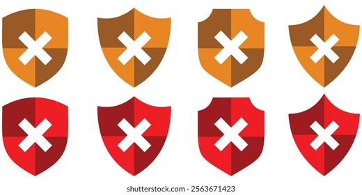 Shield with cross mark. rejected icon set in trendy flat style. Checkmark and X design symbols for your web site design, logo, app, UI, vector illustration. Design eps 10
