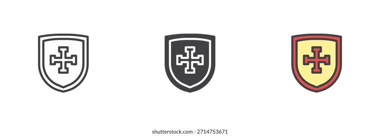 Escudo com a defesa medieval cruzada conjunto de ícones de estilo diferente. Linha, contorno preenchido e ícone de vetor de cor sólida. Símbolo de proteção, sinal de cruzado, ícone heráldico para design de histórico.