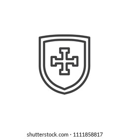 Shield with cross outline icon. linear style sign for mobile concept and web design. Protection simple line vector icon. Armor symbol, logo illustration. Pixel perfect vector graphics
