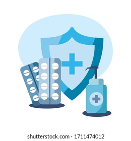 Shield with cross pills and soap bottle design of Covid 19 virus 2019 ncov cov coronavirus infection corona epidemic disease symptoms and medical theme Vector illustration