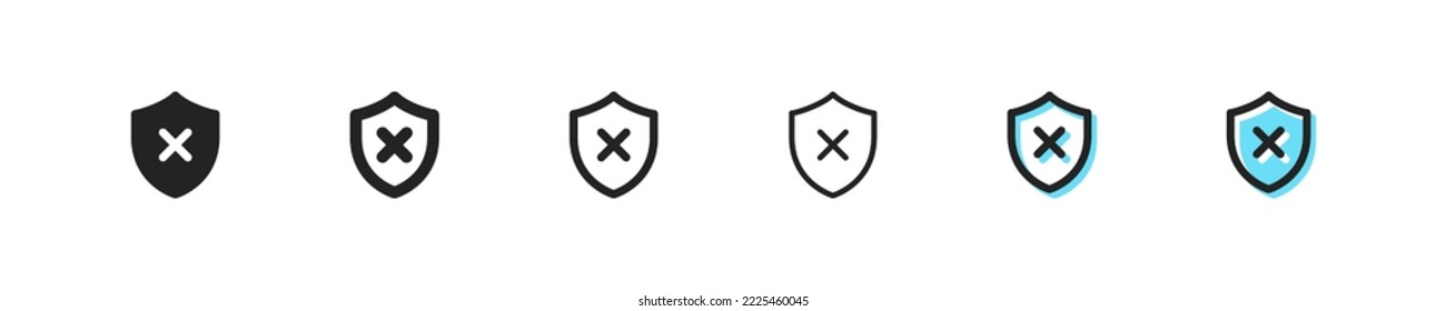 Shield with cross set icon. Password, warning sign, synchronization, graphic key, erroe, unlock, security system, gear, shield. Privacy concept. Vector black line icon on white background