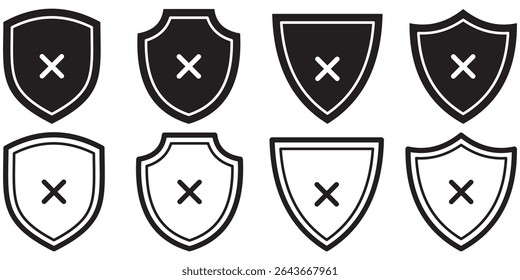Shield with cross set icon. Password, warning sign, synchronization, graphic key, error, unlock, security system, gear, shield. Privacy concept. Shield with cross mark.