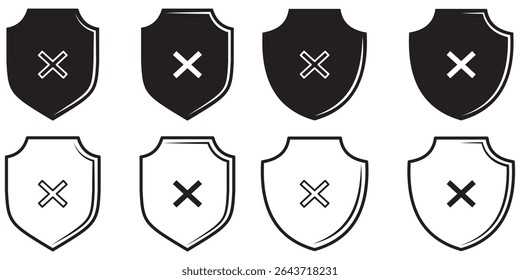 Shield with cross set icon. Password, warning sign. Shield guard with cross mark icon in generic style. Unsafe, reject, no security sign symbol. 