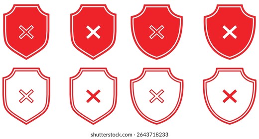 Shield with cross set icon. Password, warning sign. Shield guard with cross mark icon in generic style. Unsafe, reject, no security sign symbol. 