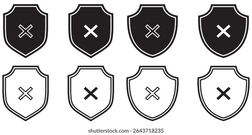 Shield with cross set icon. Password, warning sign. Shield guard with cross mark icon in generic style. Unsafe, reject, no security sign symbol. 