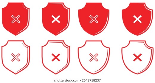 Shield with cross set icon. Password, warning sign. Shield guard with cross mark icon in generic style. Unsafe, reject, no security sign symbol. 