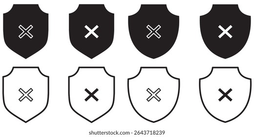 Shield with cross set icon. Password, warning sign. Shield guard with cross mark icon in generic style. Unsafe, reject, no security sign symbol. 