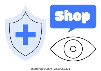 Shield with cross, speech bubble with Shop, and open eye. Ideal for health, security, ecommerce, vision, online safety. Simple vector style combining elements of healthcare and online shopping with