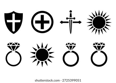 Vector de anillo de diamante de espada de sol cruzado de escudo