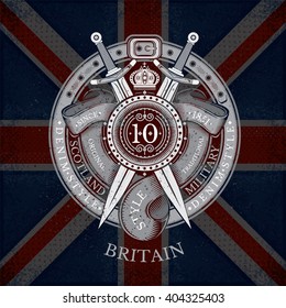 Shield And Cross Swords With Ribbons Into Round Belt Frame. Military Heraldic Label on Britain Flag Background