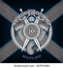 Shield And Cross Swords With Ribbons Into Round Belt Frame. Military Heraldic Label on Scotland Flag Background