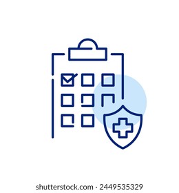 Escudo con símbolo cruzado, lista de verificación, que indica cobertura y protección integral de la salud. Seguro médico 