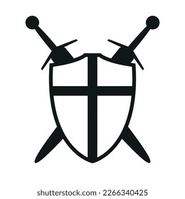 shield with cross and two crossed swords icon silhouette symbol, vector illustration of medieval sword isolated on a white background