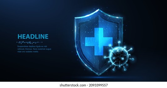 Shield with cross and virus. Abstract vector 3d viral microbe on shield. Virus safety, immune shield, antibacterial system, bacterial protection, pandemic fight, medical healthcare, insurance, concept