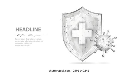 Shield with cross and virus. Abstract vector 3d viral microbe on shield. Virus safety, immune shield, antibacterial system, bacterial protection, pandemic fight, medical healthcare, insurance, concept