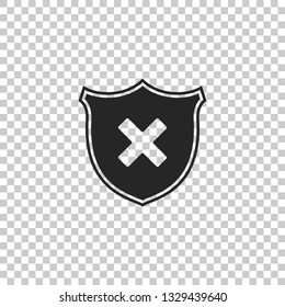 Shield and cross x mark icon isolated on transparent background. Denied disapproved sign. Protection and safety or security, reliability concepts. Flat design. Vector Illustration