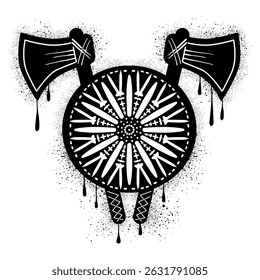 Shield with crossed axes hand drawn with black spray paint graffiti	
