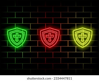 Shield with crossed neon sign. Medicine and healthcare concept. Advertisement design. Glowing neon sign, light strip. Vector illustration in neon style... Green, red, yellow, pink, blue, orange.