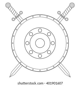 Shield with crossed swords icon. Vector outline. Illustration on white background