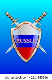 Shield and crossed swords with the image of the flag of Russia. Realistic  3d image isolated on a blue background