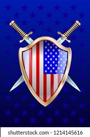 Shield and crossed swords with the image of the flag of USA. Realistic  3d image isolated on a blue background