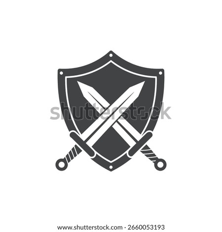 Shield with crossed swords, simple vector graphic. This image features shield, sword, crossed swords, medieval, armor.