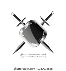 shield with crossed swords. Vector illustration isolated on white background, Military sword  ancient weapon design silhouette, European straight swords, vector illustration.