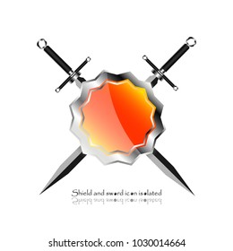 shield with crossed swords. Vector illustration isolated on white background, Military sword  ancient weapon design silhouette, European straight swords, vector illustration.