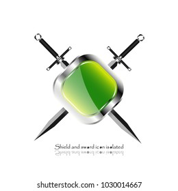shield with crossed swords. Vector illustration isolated on white background, Military sword  ancient weapon design silhouette, European straight swords, vector illustration.