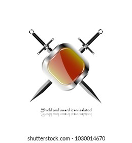 shield with crossed swords. Vector illustration isolated on white background, Military sword  ancient weapon design silhouette, European straight swords, vector illustration.