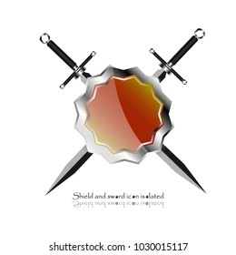shield with crossed swords. Vector illustration isolated on white background, Military sword  ancient weapon design silhouette, European straight swords, vector illustration.