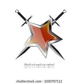 shield with crossed swords. Vector illustration isolated on white background, Military sword  ancient weapon design silhouette, European straight swords, vector illustration.
