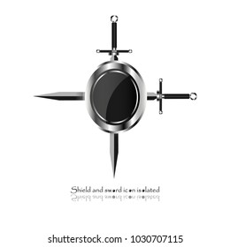 shield with crossed swords. Vector illustration isolated on white background, Military sword  ancient weapon design silhouette, European straight swords, vector illustration.