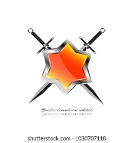 shield with crossed swords. Vector illustration isolated on white background, Military sword  ancient weapon design silhouette, European straight swords, vector illustration.